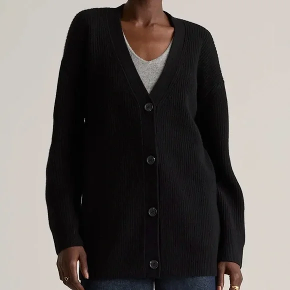 NWT! QUINCE Mongolian Cashmere Oversized Boyfriend Cardigan Sweater Black Small - Picture 2 of 11